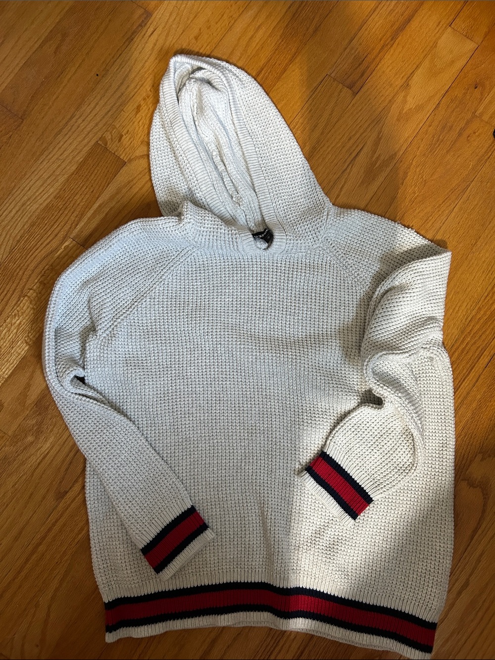 Express Men's Cream Crewneck Hoodie Sweater with Navy and Red Stripe Accents